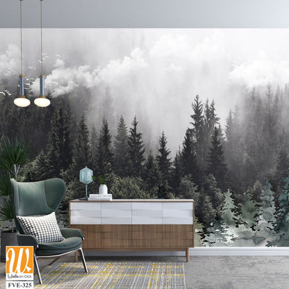 Art piece of an evergreen forest with misty cloud [WP-FVE-325]