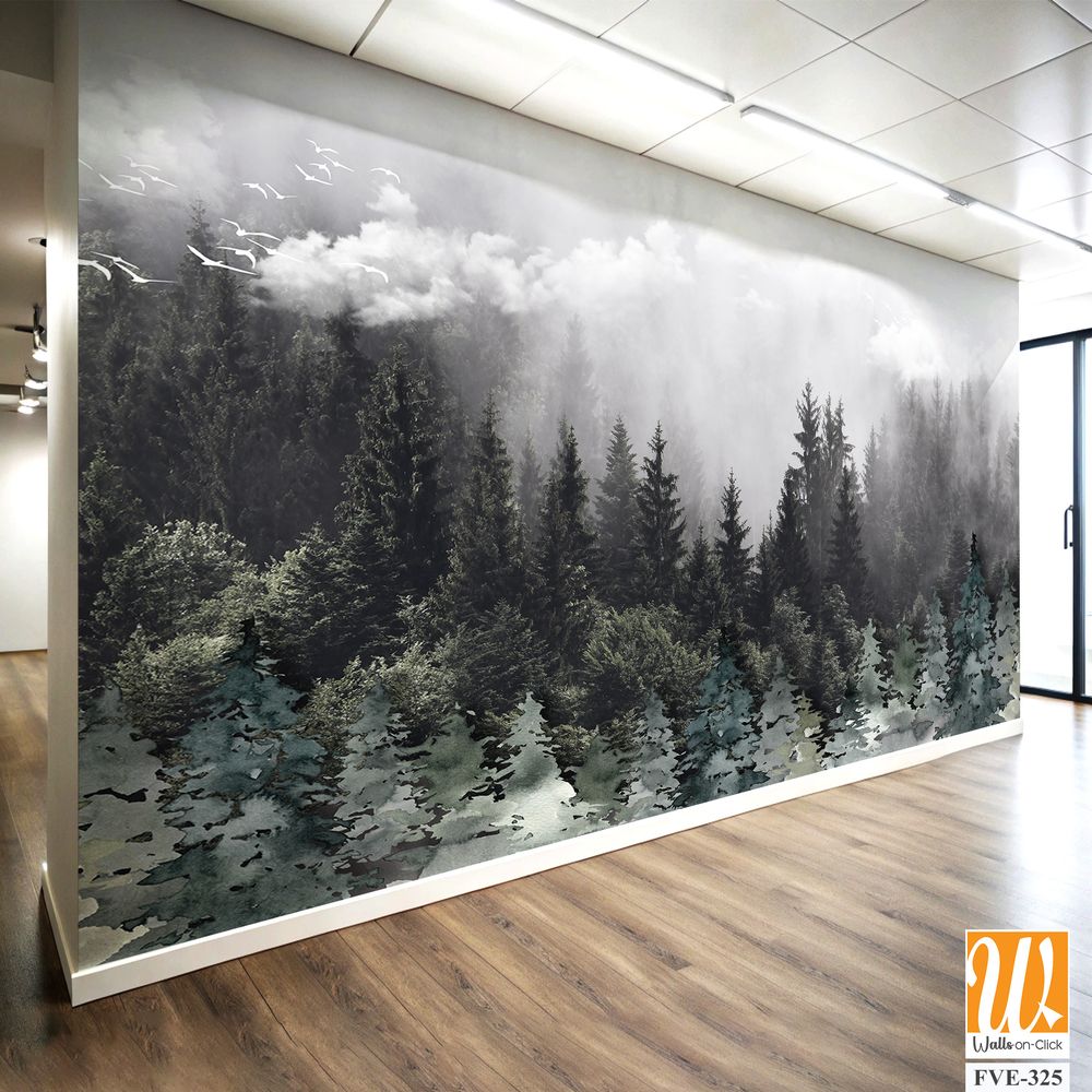 Art piece of an evergreen forest with misty cloud [WP-FVE-325]