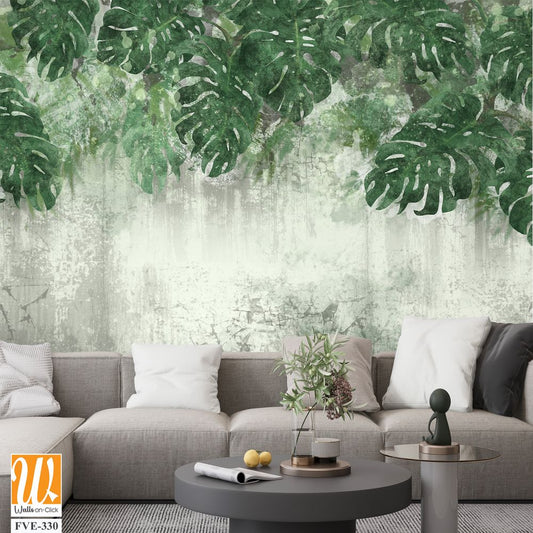 A wall with monstera leaves painted in green [WP-FVE-330]