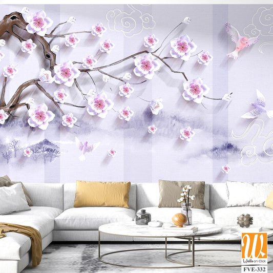 3D cherry blossom tree branch with pink and purple flowers [WP-FVE-332]