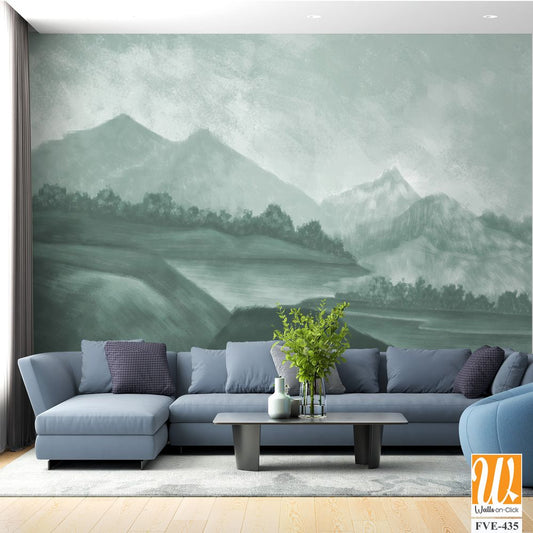 Landscape wallpaper design, oil painting effect landscape illustration, green monochrome, mural art, nature background, mountain landscape [WP-FVE-435]