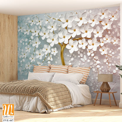 3d wallpaper white flowers tree with golden trunk [WP-FVE-447]