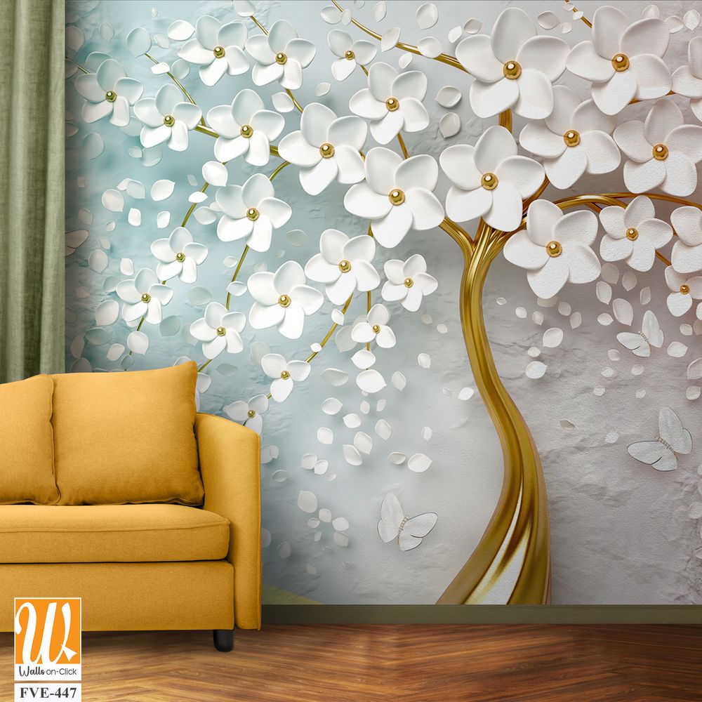 3d wallpaper white flowers tree with golden trunk [WP-FVE-447]