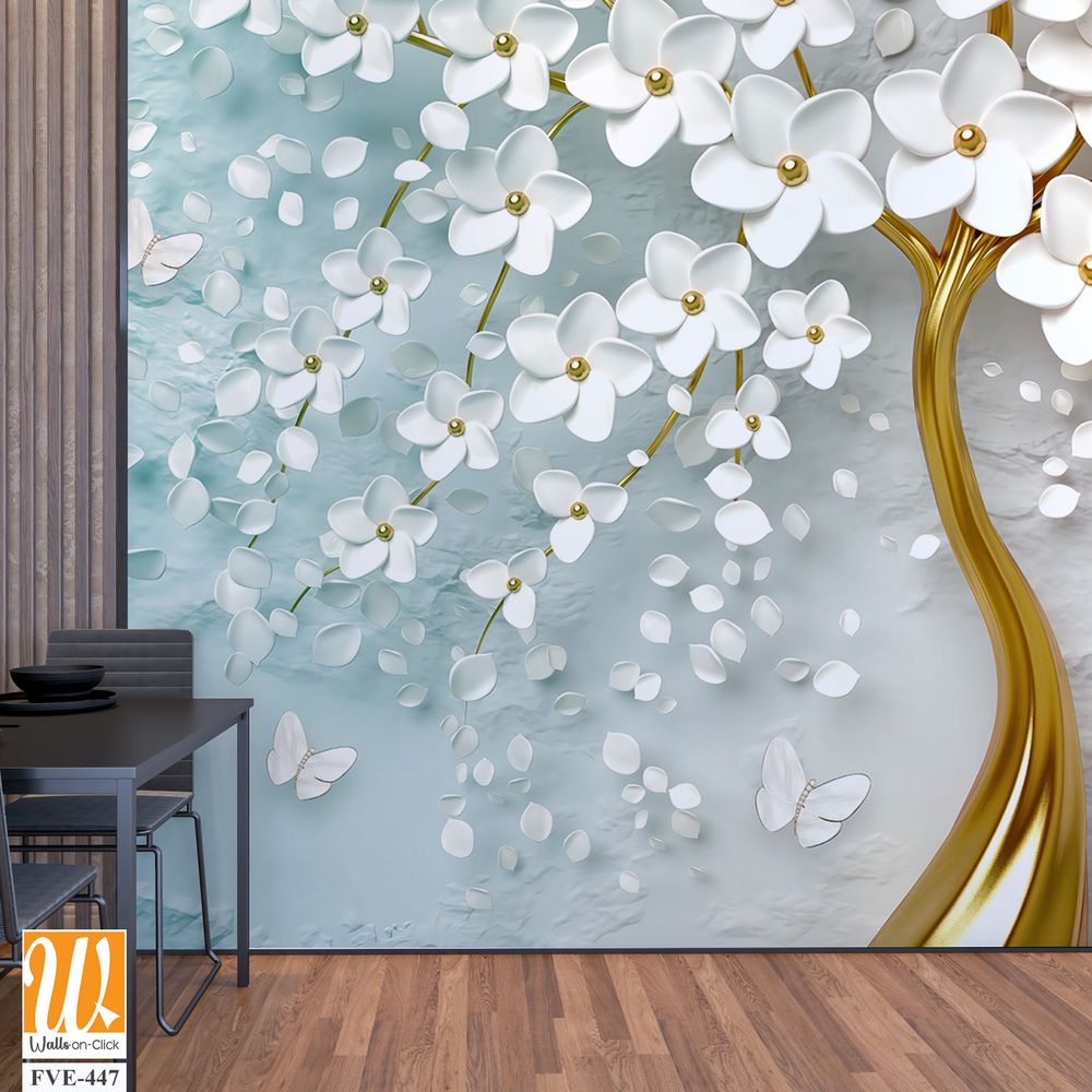 3d wallpaper white flowers tree with golden trunk [WP-FVE-447]