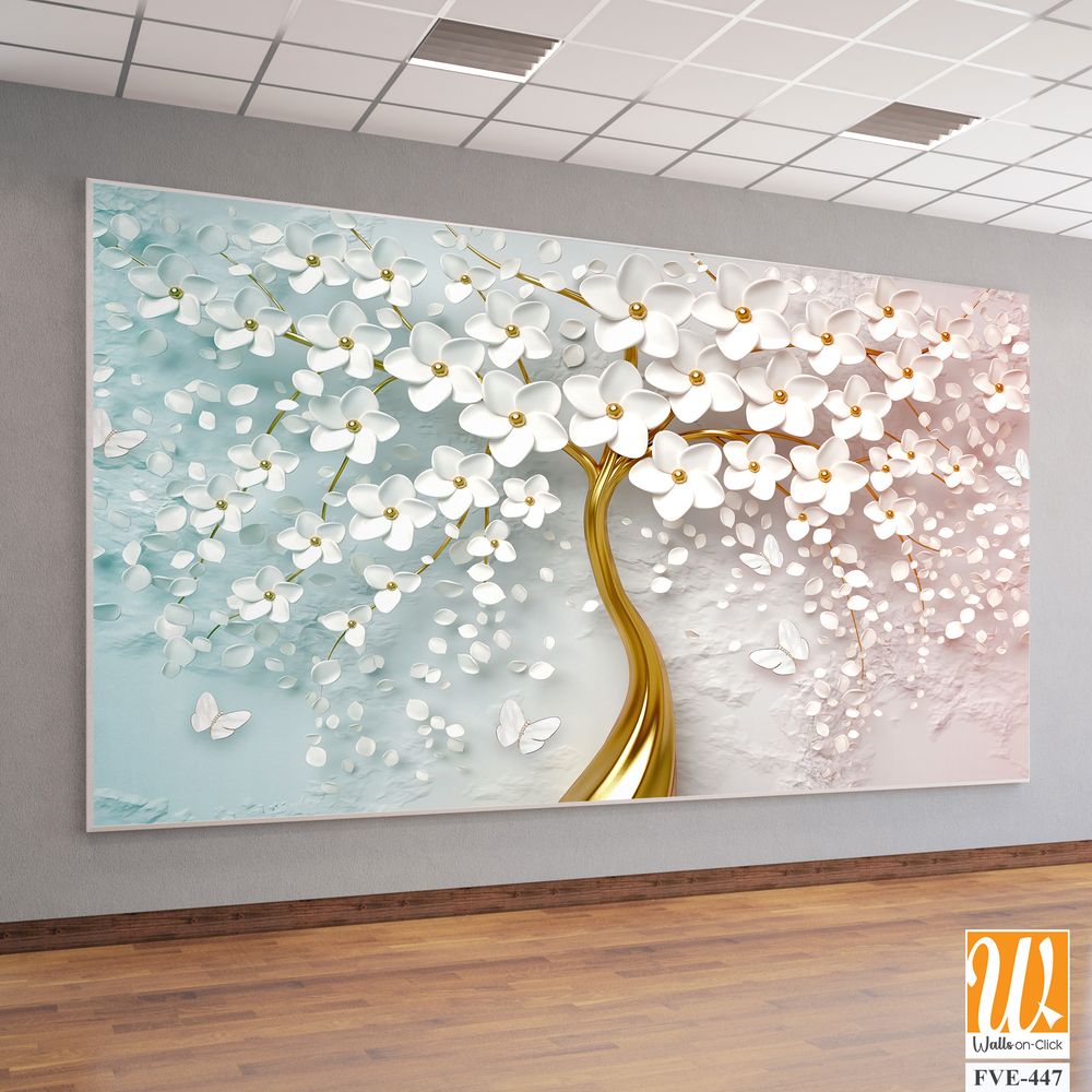 3d wallpaper white flowers tree with golden trunk [WP-FVE-447]