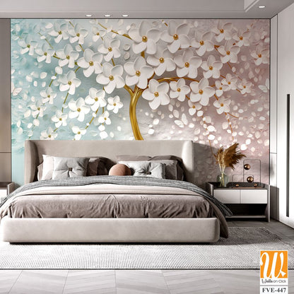 3d wallpaper white flowers tree with golden trunk [WP-FVE-447]