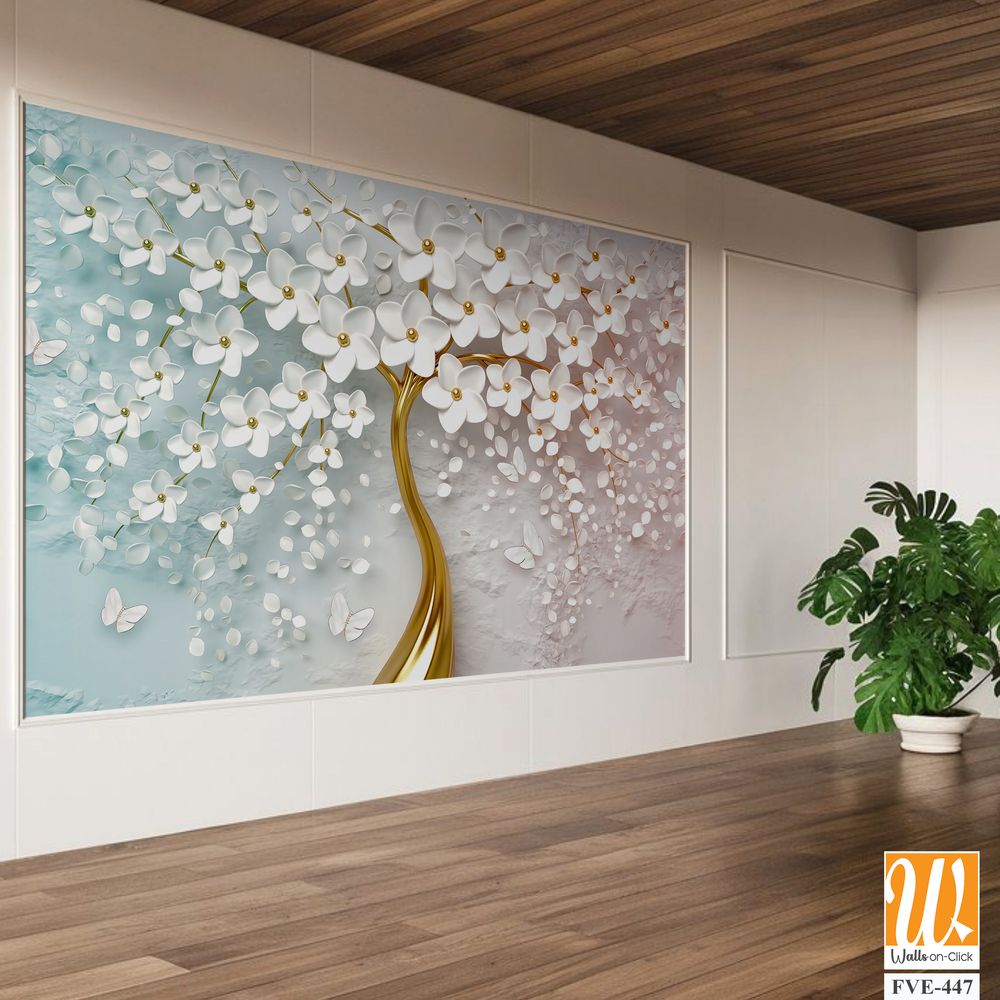 3d wallpaper white flowers tree with golden trunk [WP-FVE-447]