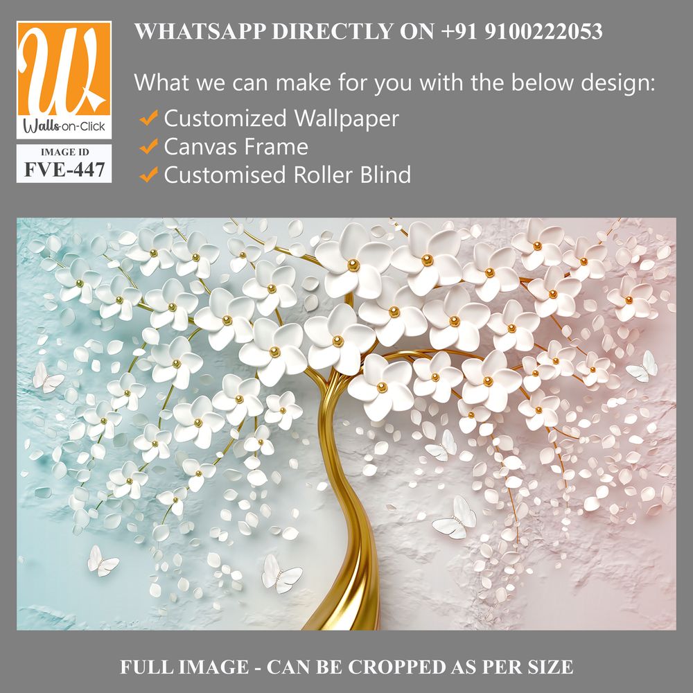 3d wallpaper white flowers tree with golden trunk [WP-FVE-447]