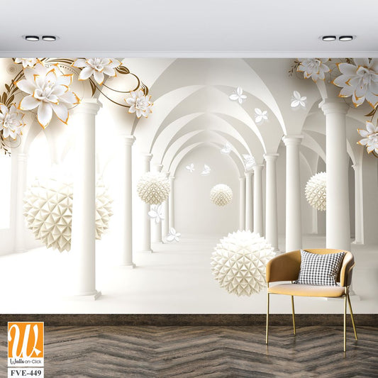 3D wallpaper of white arches with golden flowers [WP-FVE-449]