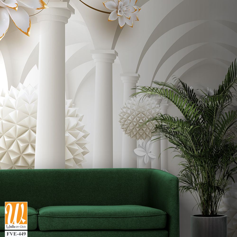 3D wallpaper of white arches with golden flowers [WP-FVE-449]