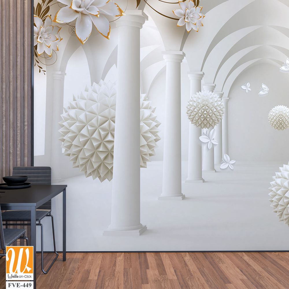 3D wallpaper of white arches with golden flowers [WP-FVE-449]