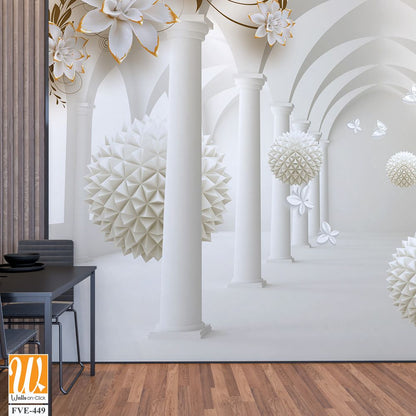 3D wallpaper of white arches with golden flowers [WP-FVE-449]