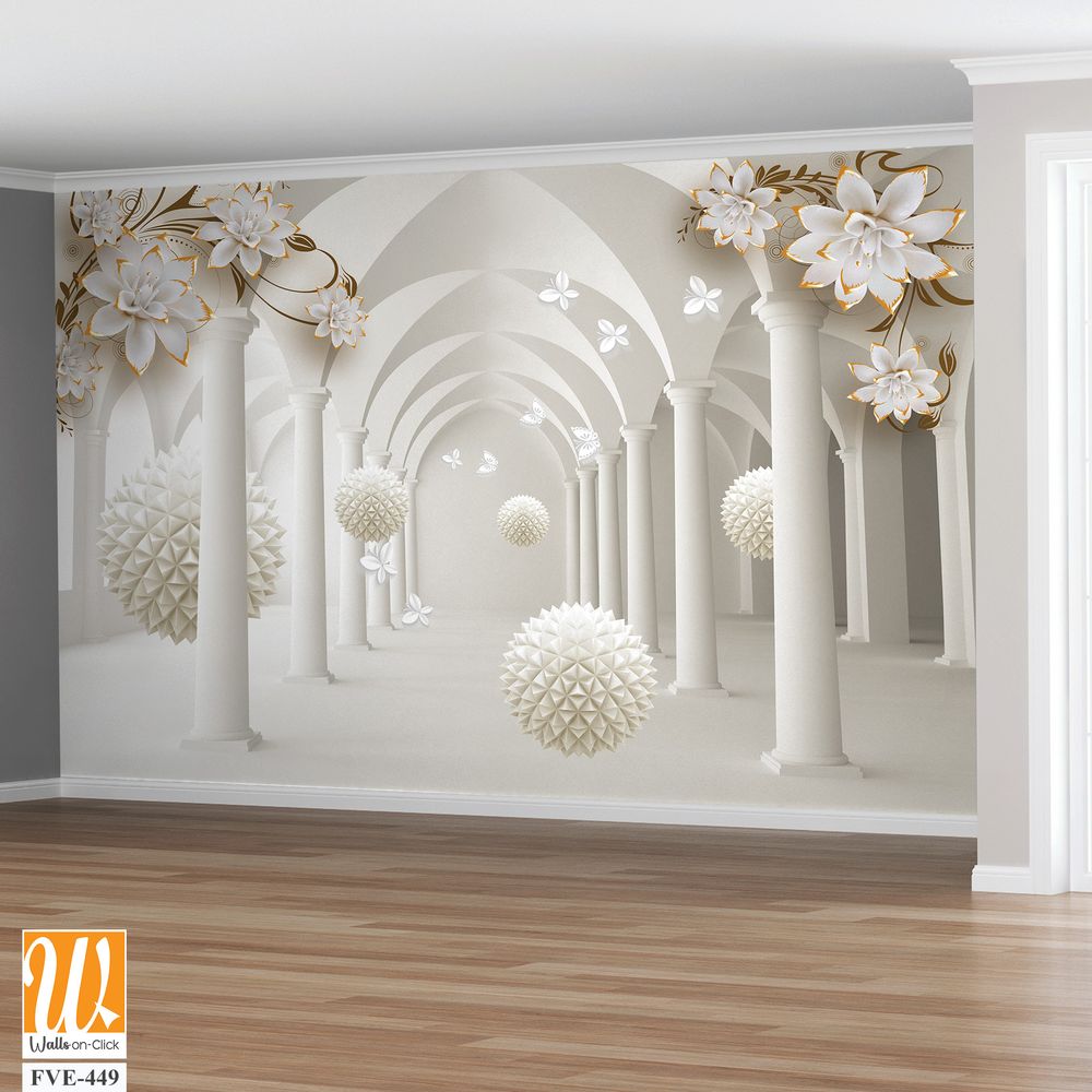 3D wallpaper of white arches with golden flowers [WP-FVE-449]