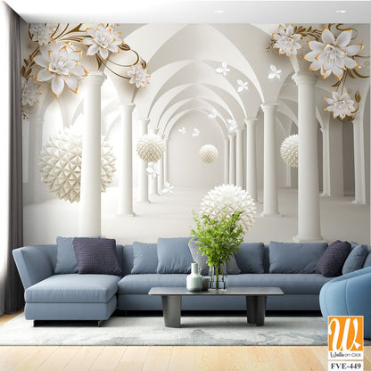 3D wallpaper of white arches with golden flowers [WP-FVE-449]