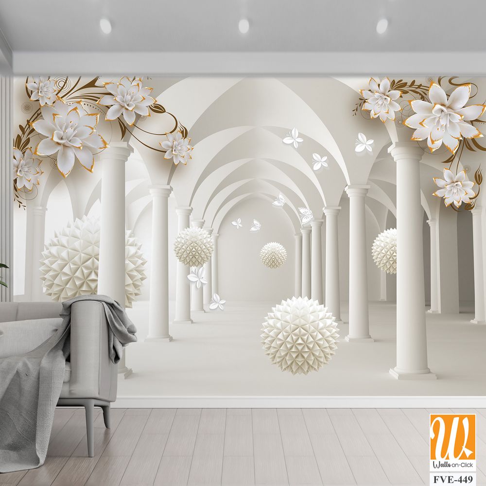 3D wallpaper of white arches with golden flowers [WP-FVE-449]