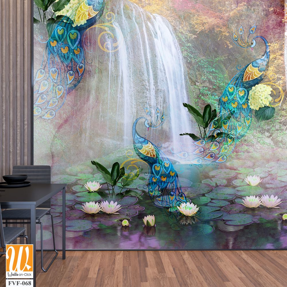 Peacock and Lily Pond with Waterfall, pastel colors [WP-FVF-068]