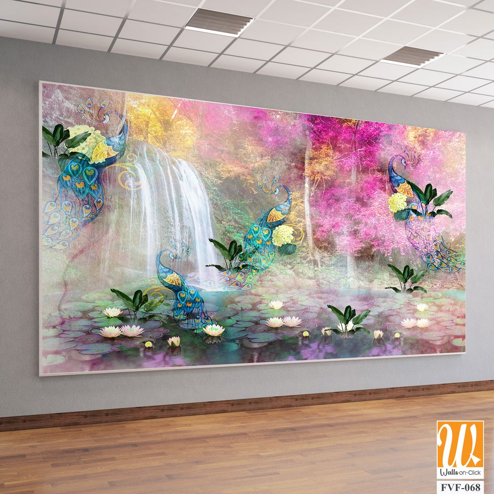 Peacock and Lily Pond with Waterfall, pastel colors [WP-FVF-068]