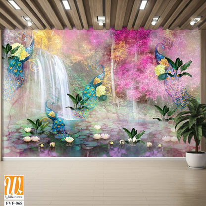 Peacock and Lily Pond with Waterfall, pastel colors [WP-FVF-068]