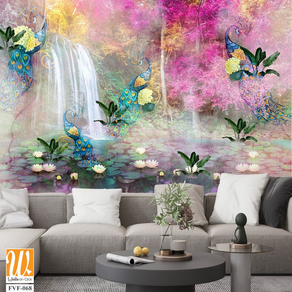 Peacock and Lily Pond with Waterfall, pastel colors [WP-FVF-068]