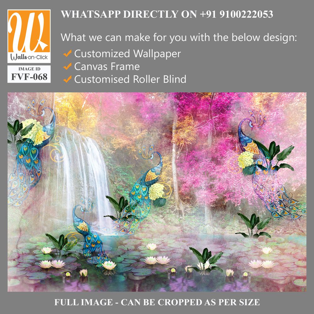 Peacock and Lily Pond with Waterfall, pastel colors [WP-FVF-068]