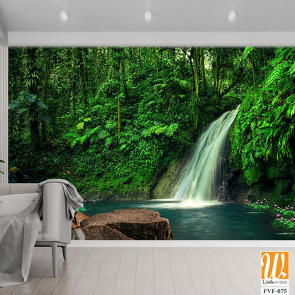 Serene waterfall cascades into crystal-clear water [WP-FVF-075]