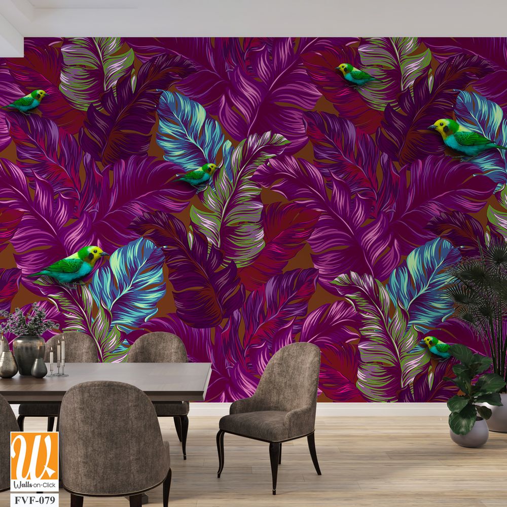 Pattern of purple tropical leaves and budgie birds [WP-FVF-079]