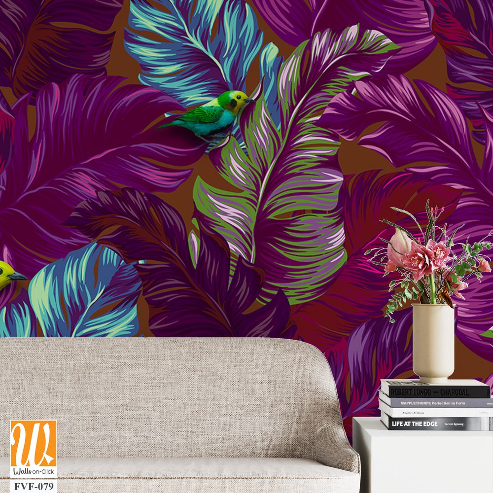 Pattern of purple tropical leaves and budgie birds [WP-FVF-079]