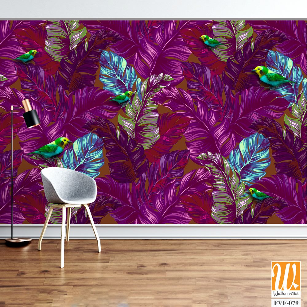 Pattern of purple tropical leaves and budgie birds [WP-FVF-079]