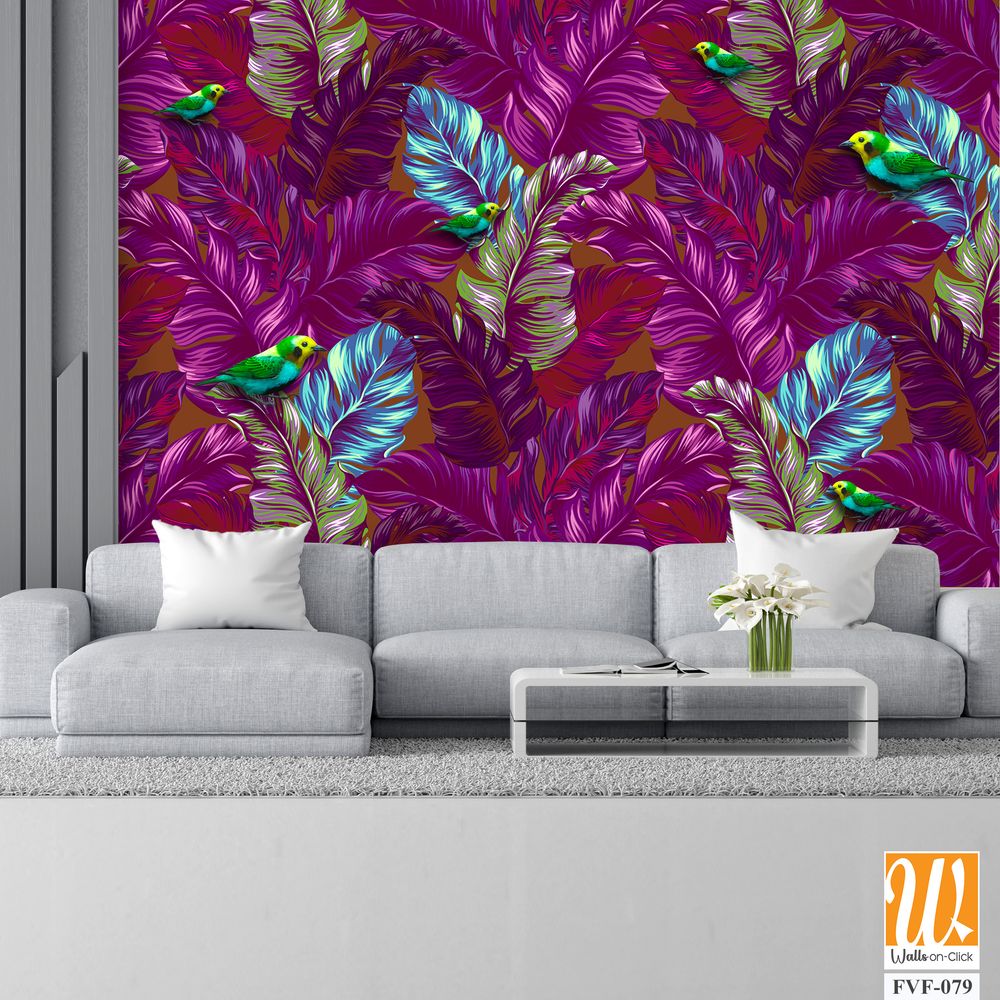 Pattern of purple tropical leaves and budgie birds [WP-FVF-079]