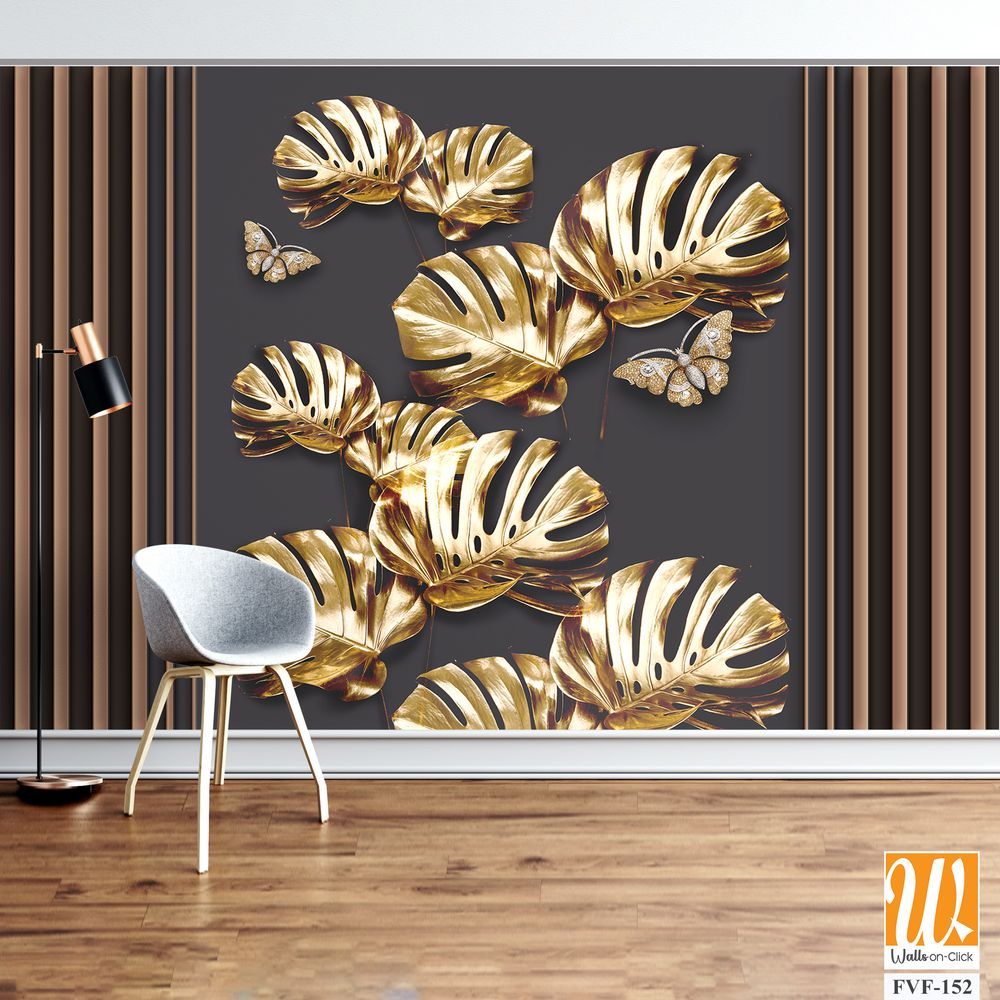 3d wallpaper, golden monstera leaves [WP-FVF-152]