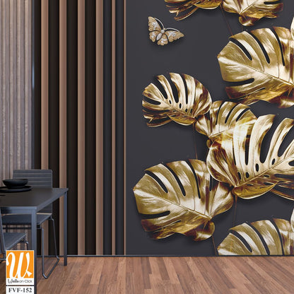 3d wallpaper, golden monstera leaves [WP-FVF-152]