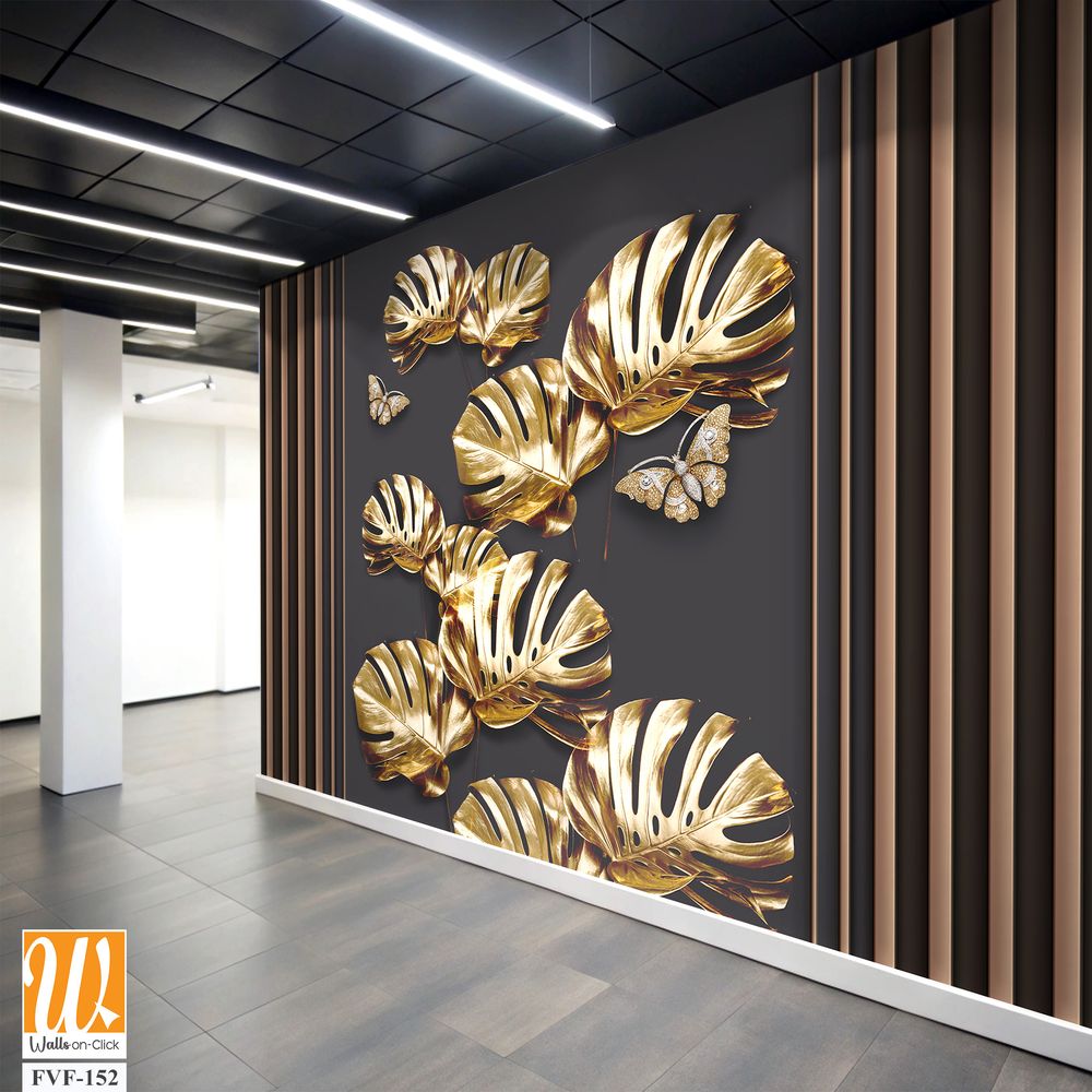 3d wallpaper, golden monstera leaves [WP-FVF-152]