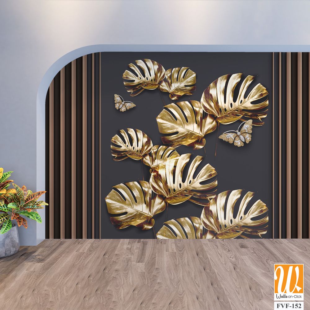 3d wallpaper, golden monstera leaves [WP-FVF-152]