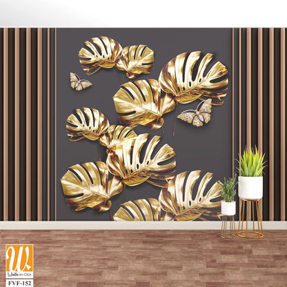 3d wallpaper, golden monstera leaves [WP-FVF-152]