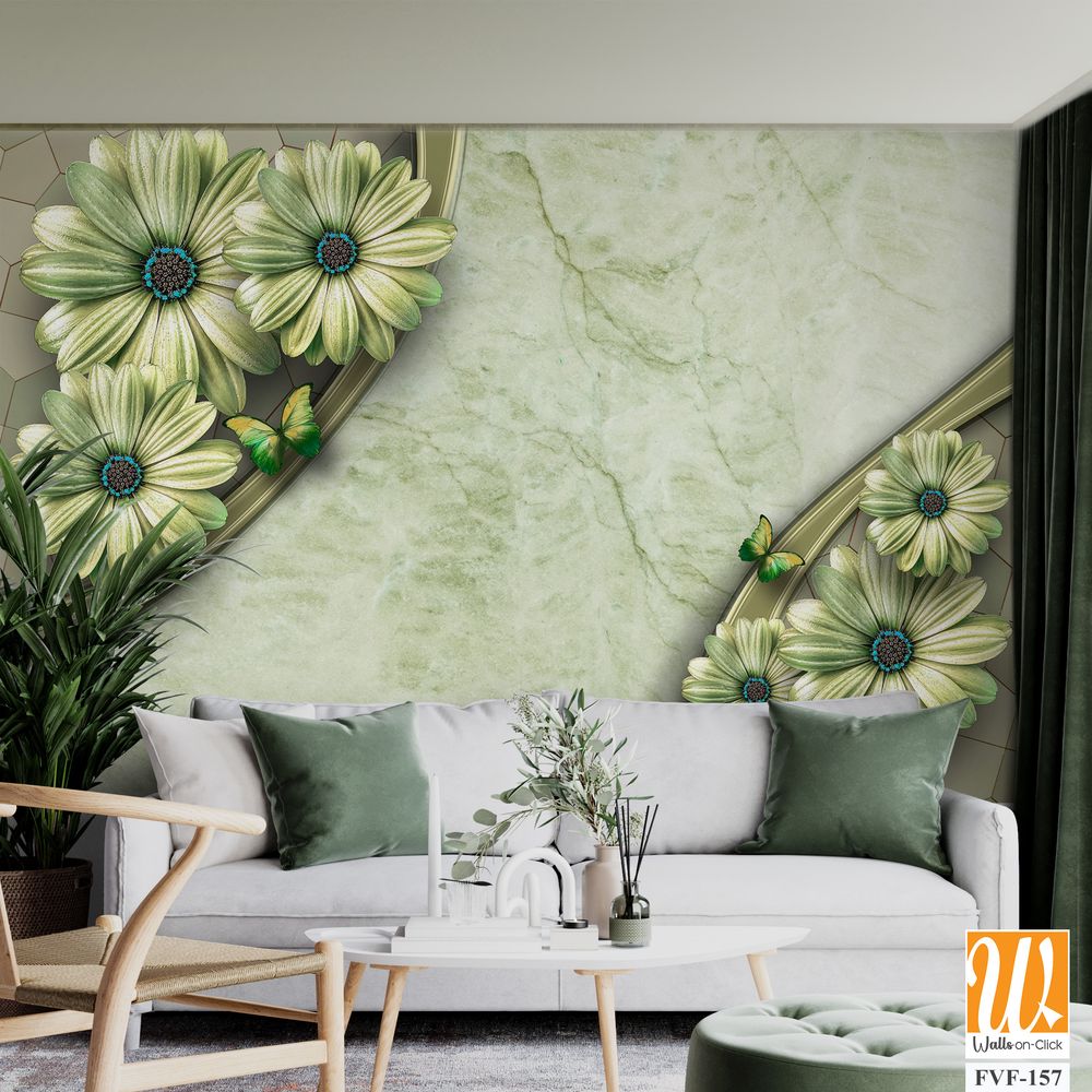 3D floral design on a light green marble background [WP-FVF-157]