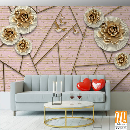 3d wallpaper with golden roses and geometric patterns [WP-FVF-229]