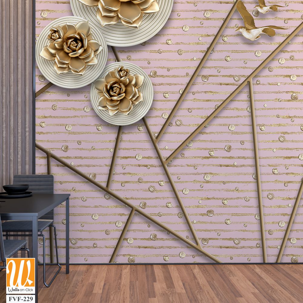 3d wallpaper with golden roses and geometric patterns [WP-FVF-229]