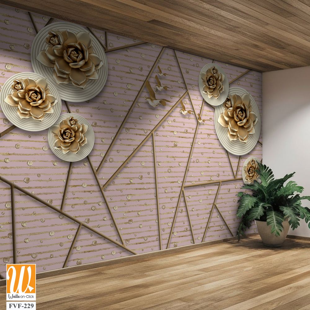 3d wallpaper with golden roses and geometric patterns [WP-FVF-229]