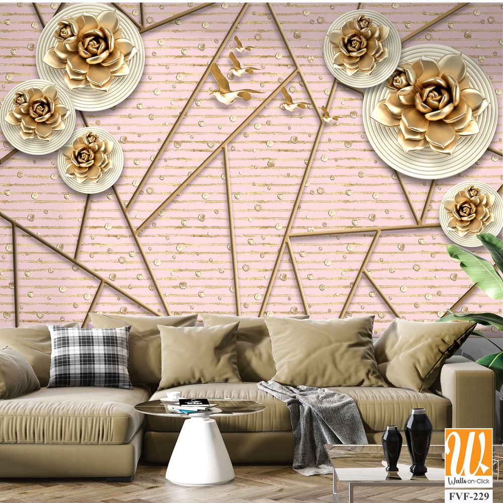 3d wallpaper with golden roses and geometric patterns [WP-FVF-229]