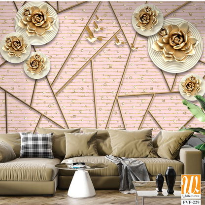 3d wallpaper with golden roses and geometric patterns [WP-FVF-229]