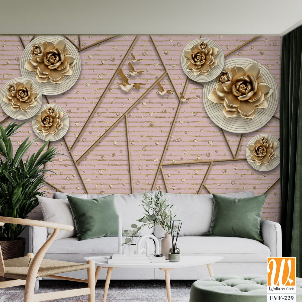 3d wallpaper with golden roses and geometric patterns [WP-FVF-229]