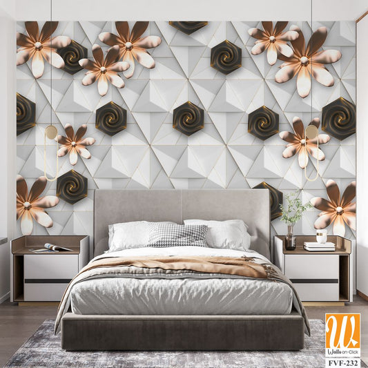 3D wallpaper with white geometric shapes and brown flowers [WP-FVF-232]