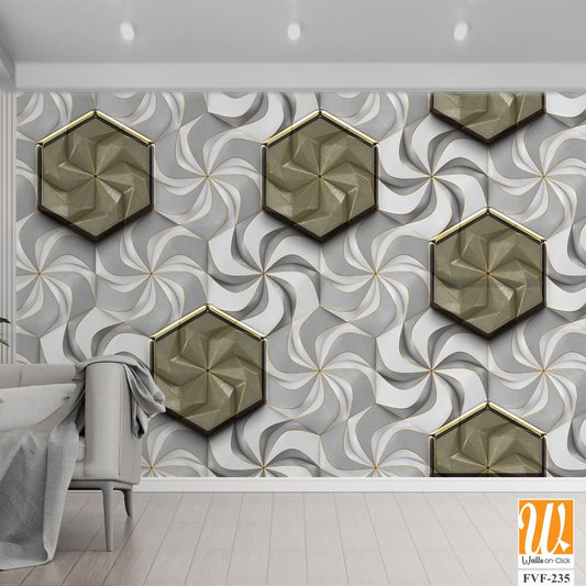 Grey and white swirls with brass hexagon tiles [WP-FVF-235]