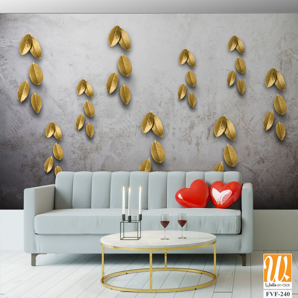 Wall art of metallic gold leaves on a grey background [WP-FVF-240]