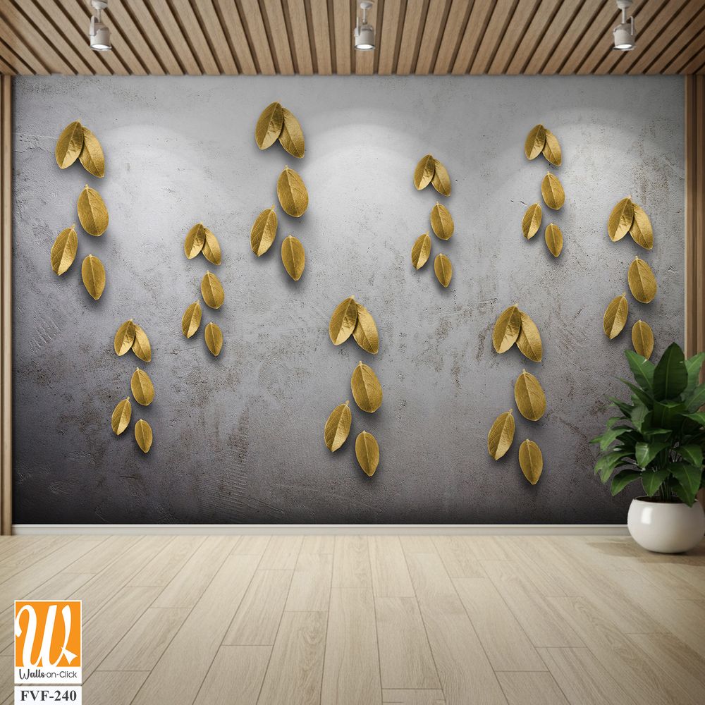 Wall art of metallic gold leaves on a grey background [WP-FVF-240]