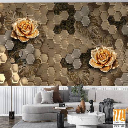 3D wallpaper with golden roses on a honeycomb background [WP-FVF-318]