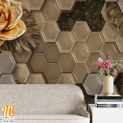 3D wallpaper with golden roses on a honeycomb background [WP-FVF-318]