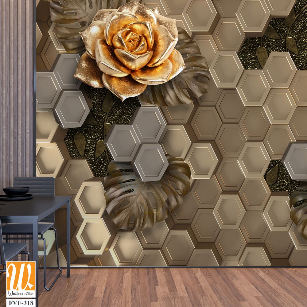 3D wallpaper with golden roses on a honeycomb background [WP-FVF-318]