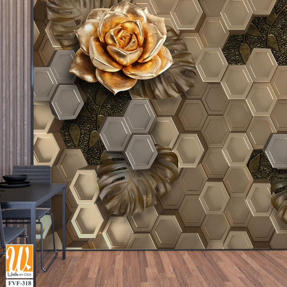 3D wallpaper with golden roses on a honeycomb background [WP-FVF-318]