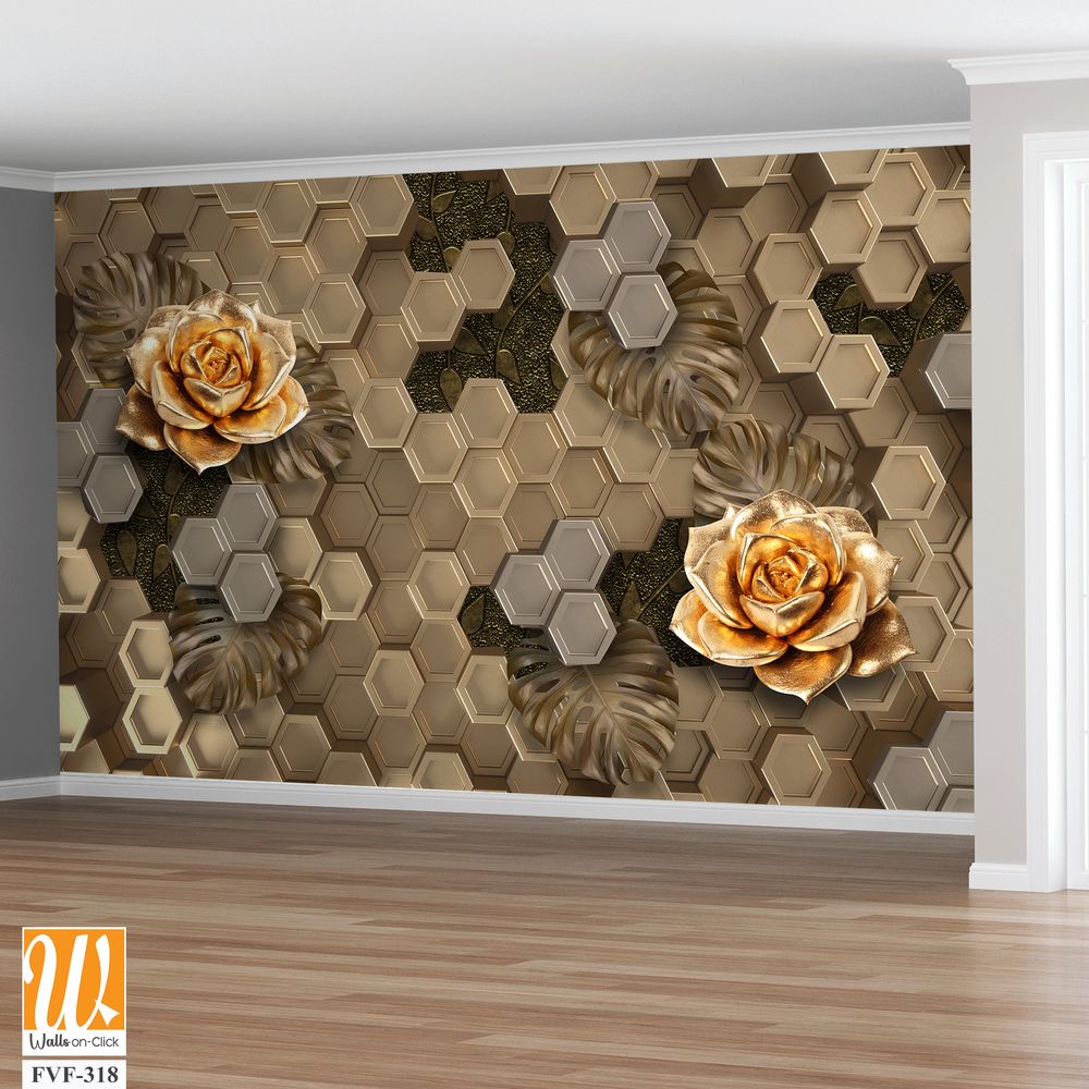 3D wallpaper with golden roses on a honeycomb background [WP-FVF-318]